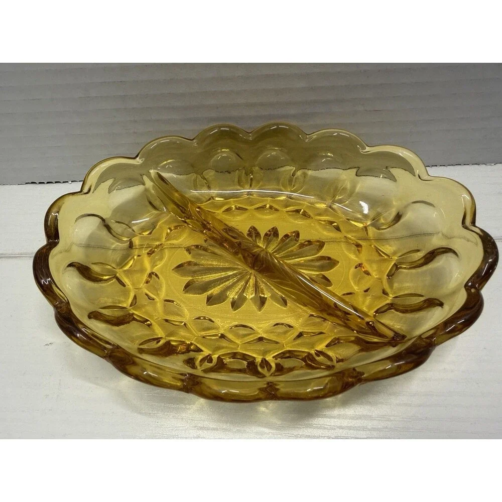 Vintage Anchor Hocking Fairfield Amber Glass Divided Relish Candy Dish